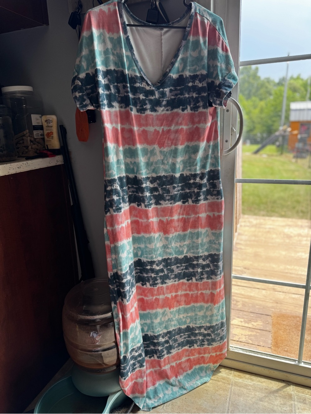 Striped Tie-Dye Maxi Dress in Coral, Teal & Navy